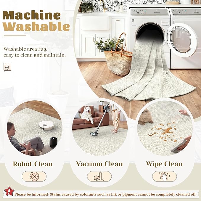 6x9 Area Rugs Washable Rug, Abstract Living Room Rug Large Neutral Modern Area Rug Soft Non Slip Low Pile Stain Resistant Indoor Carpet for Bedroom Nursery Kids Dining Room Office(Beige, 6'x9')