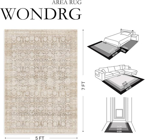 8x10 Beige Washable Neutral Area Rug Living Room Floral Non Slip Low Pile Large Rug Vintage Traditional Stain Resistant Distressed Carpet Bedroom Dining Room Office Playroom