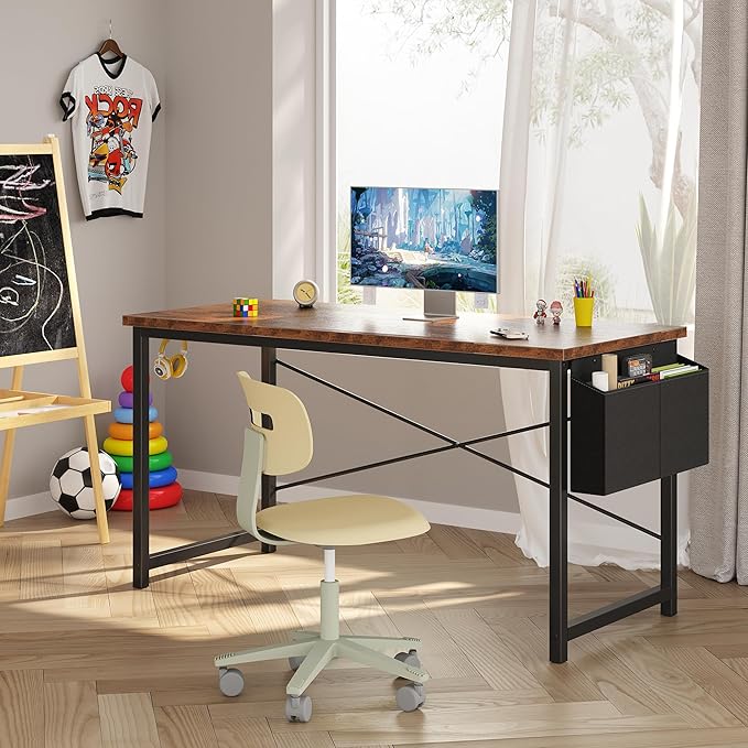 OLIXIS Computer Desk 55 Inch Home Office Desks for Small Spaces, Gaming Writing Study Work Table with Storage Bag and Headphone Hook for Bedroom, Rustic Brown
