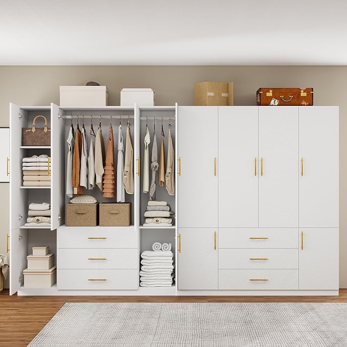 White Wardrobe Closet with Doors, 3 Drawers, Hanging Rods, Metal Handles, Large Capacity, Modern Minimalist Design, Textured Finish，Ideal for Bedroom 63.0" W x 20.47" D x 74.21" H (26)