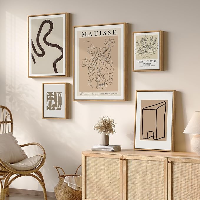 Large Framed Matisse Neutral Wall Art Set of 5, Abstract Beige Modern Minimalist Geometric Floral Canvas Prints for Living Room Bedroom Hallway Home Office