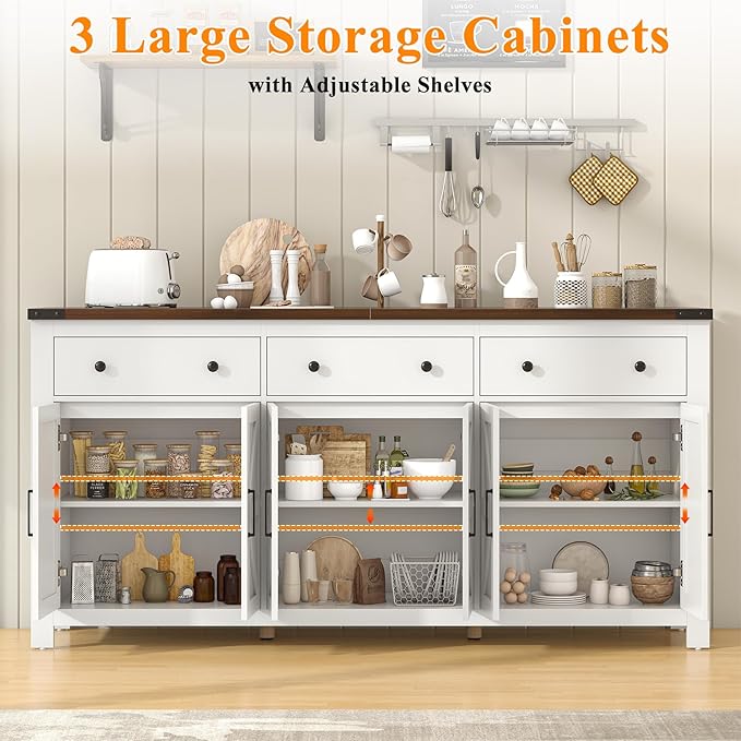 VVFLU 71" Large Sideboard Buffet Cabinet with Storage, Modern Farmhouse Coffee Bar with 3 Drawers and 6 Barn Doors, Dining Room Storage Cabinet, for Kitchen, Living Room, White Wood
