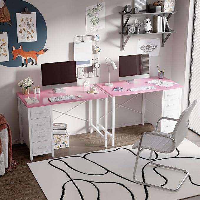 Pamray 32 Inch Computer Desk with 4 Drawers Small Office Desk for Home Bedroom Study Writing Simple Modern Computer Table Pink