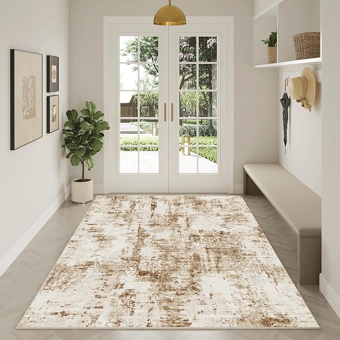 FMFUNCTEX 3x5 Washable Area Rug Brown Beige Abstract Modern Neutral Non Slip Soft Low Pile Thin Accent Entryway Entrance Indoor Carpet for Living Room Bedroom Dining Office Nursery Bedside