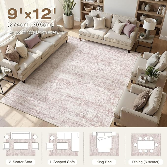 cotiled Large Area Rugs for Living Room 9x12, Machine Washable Rugs with Non Slip Backing Modern Neutral Abstract Rugs Stain Resistant Distressed Carpets for Home Office Decor (9x12 Pink)