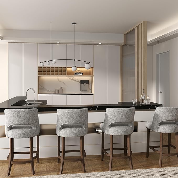 VKNOW Bar Stools Set of 4, 26" Upholstered Counter Height Bar Stools,Modern Counter Stools with Wood Legs for Kitchen Island Dining Room Bar,Grey