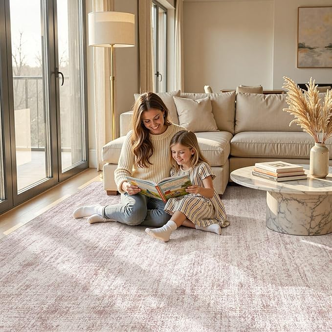 cotiled Large Area Rugs for Living Room 9x12, Machine Washable Rugs with Non Slip Backing Modern Neutral Abstract Rugs Stain Resistant Distressed Carpets for Home Office Decor (9x12 Pink)