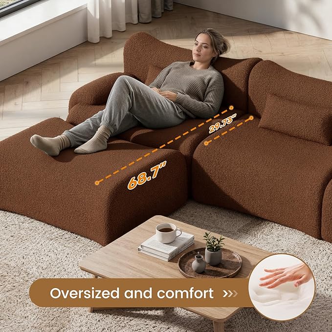 Cloud Couch Sectional, L Shaped Boneless Couches for Living Room - Oversized Modular Sofa with Deep Seats, Modern Couches with Movable Ottoman,Brown(red Brown)