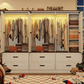 Farmhouse 6 Doors Armoire Wardrobe Closet w/Folding Sliding Barn Door and Lights, LED Armoire Closet w/ 6 Drawers for Bedroom, Freestanding Wooden Wardrobe Storage Closets w/Hanging Rod,Antique White
