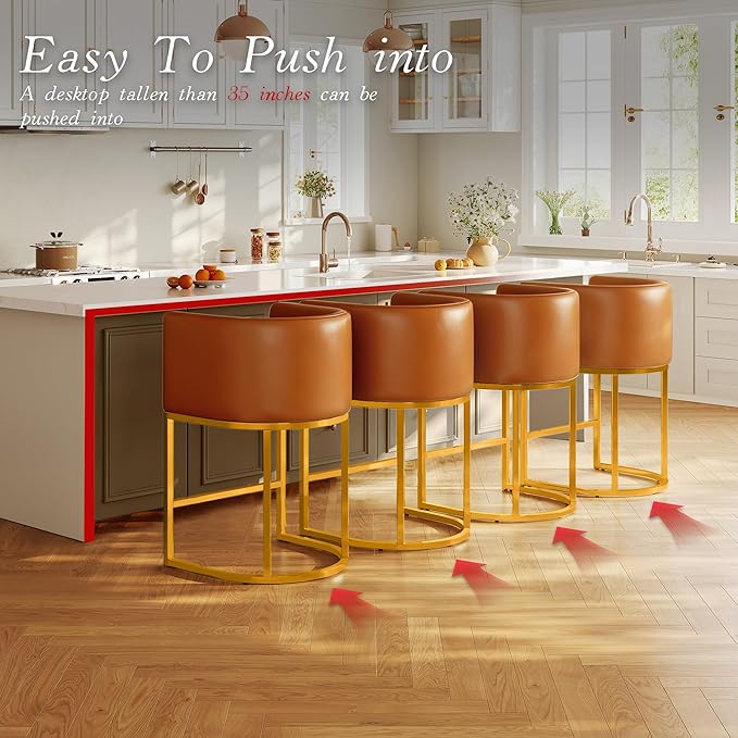 24" Modern Counter Height Bar Stools,PU Leather Upholstered Barrel Barstools with Backs,Island Chairs Bar Stools Set of 1,Metal Gold Frames,Camel Brown Leather
