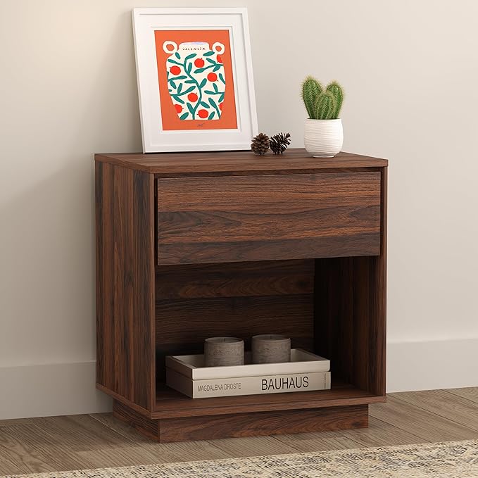 EYYTHUNG Farmhouse Nightstand, 21.6" Wood End Side Table with Storage and Open Shelf, Farmhouse Accent Night Stand Bedside Table for Bedroom Sofa, Brown