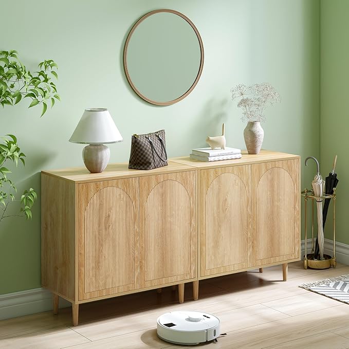 Bifins 63” Fluted Sideboard Buffet Cabinet with Storage,Mid Century Modern Small Wood Storage Cabinet with Arched Profile for Dining Room Kitchen Living Room