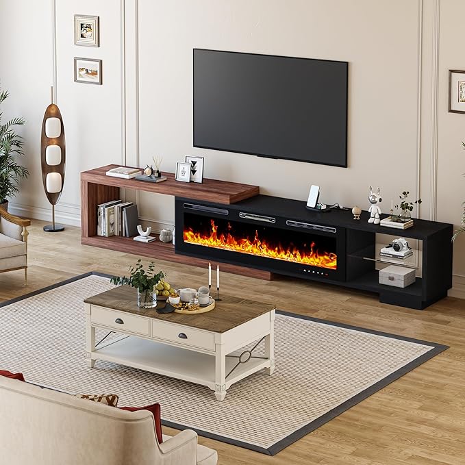 Extendable TV Stand with 50" Electric Fireplace, 71"-116" Long TV Console for Up to 120 Inch TV, Modern LED Entertainment Center with Glass Shelf for Living Room Bedroom, Black & Walnut
