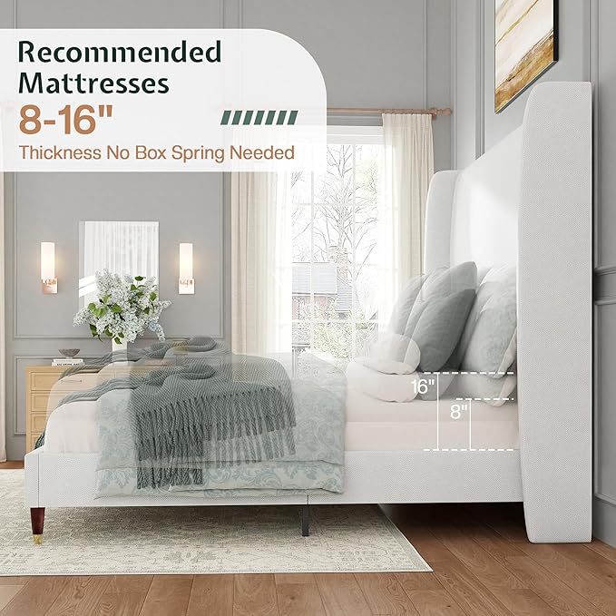 Jocisland Queen Size Bed Frame 51.2" Wingback Headboard Linen Upholstered Platform Bed with Solid Wood Legs & Wooden Slats, No Box Spring Needed, Modern Minimalist Style, Easy Assembly, White