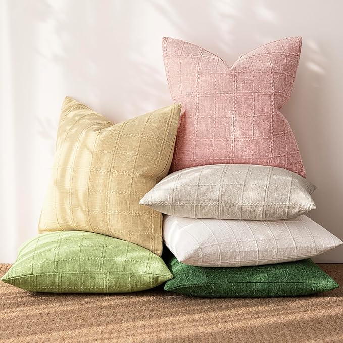 Foindtower Set of 2 Decorative Linen Check Throw Pillow Covers Neutral Farmhouse Vintage Cushion Covers Modern Boho Accent Home Decor for Sofa Chair Couch Bedroom Living Room,24×24 Inch,Light Pink