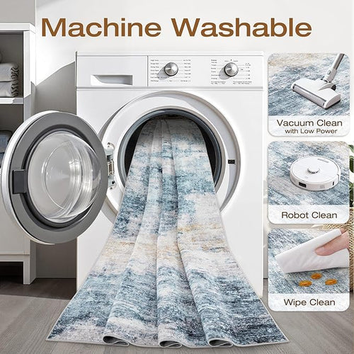 9x12 Area Rug Living Room: Washable Large Neutral Rugs Abstract Soft Modern Stain Resistant Indoor Floor Non-Slip Carpet for Bedroom Nursery Kids Office Playroom Dining Room Under Table- Blue Gold