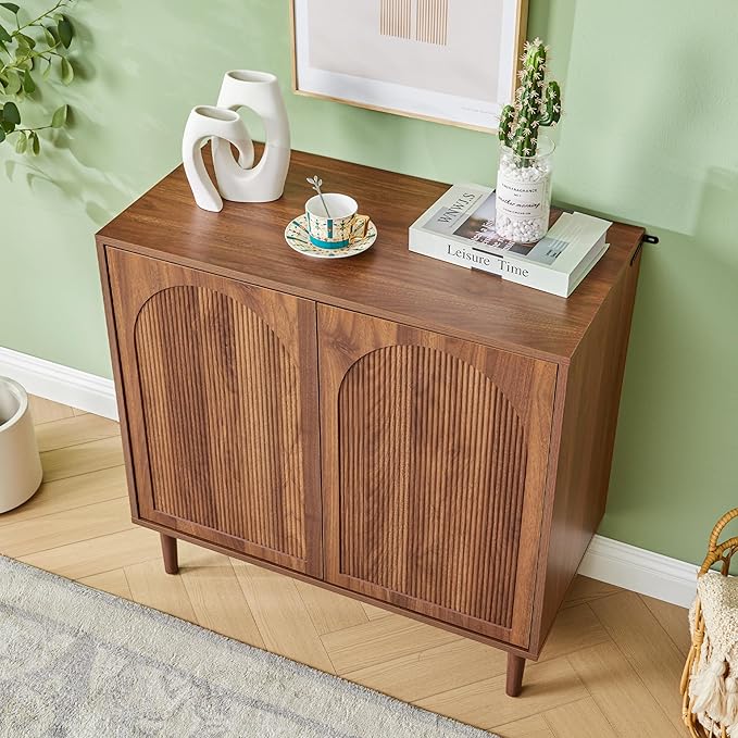 Bifins 31.5” Fluted Sideboard Buffet Cabinet with Storage,Mid Century Modern Small Wood Storage Cabinet with Arched Profile for Dining Room Kitchen Living Room (Walnut 1pc)