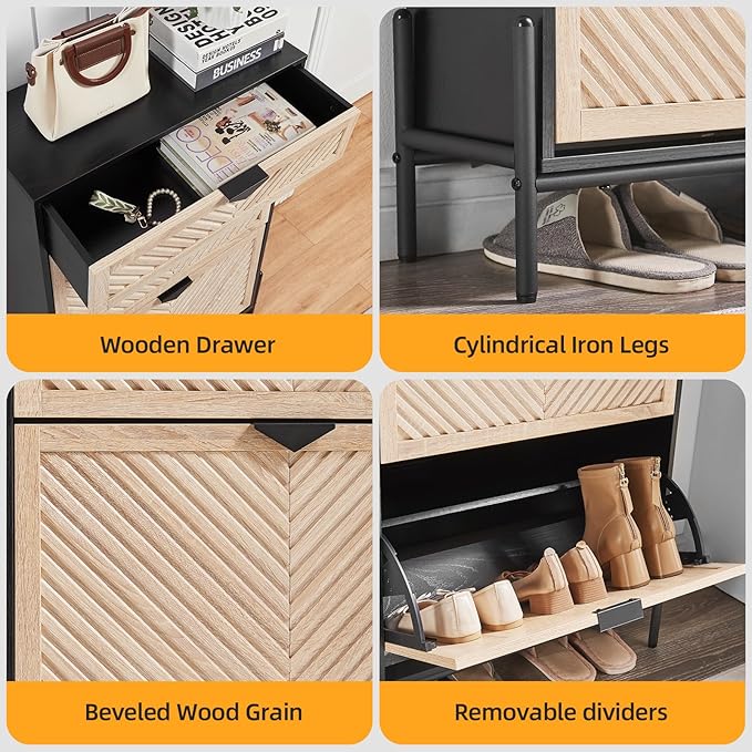 Shoe Cabinet Storage with 2 Flip Drawers, Narrow Hidden Shoes Organizer Cabinet for Entryway, Freestanding Slim Shoe Rack Front Door Entrance(Oak&Black)