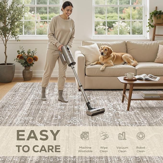 5x7 Area Rug Living Room: Washable Large Vintage Grey Rug Neutral Non-Slip Soft Stain Resistant Indoor Carpet for Bedroom Nursery Dining Room Under Table Bed Home House Office Playroom - Light Brown