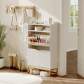 IDEALHOUSE Modern Shoe Cabinet with 2 Flip Drawers & Open Storage Shelf,Shoes Rack with Adjustable Levels,Gold Metal Handles&Fluted Panel for Entryways, Hallways, or Living Rooms(White Color)