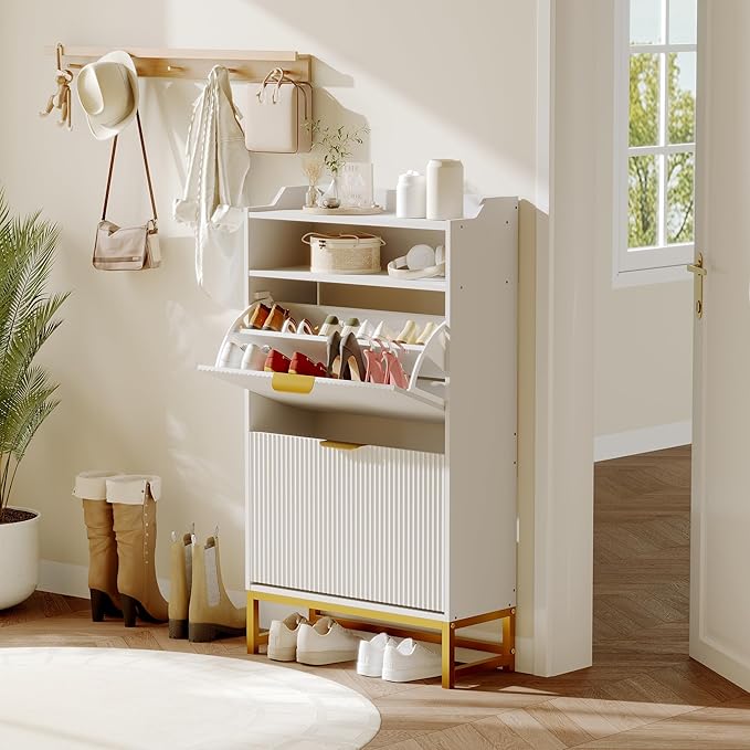 IDEALHOUSE Modern Shoe Cabinet with 2 Flip Drawers & Open Storage Shelf,Shoes Rack with Adjustable Levels,Gold Metal Handles&Fluted Panel for Entryways, Hallways, or Living Rooms(White Color)