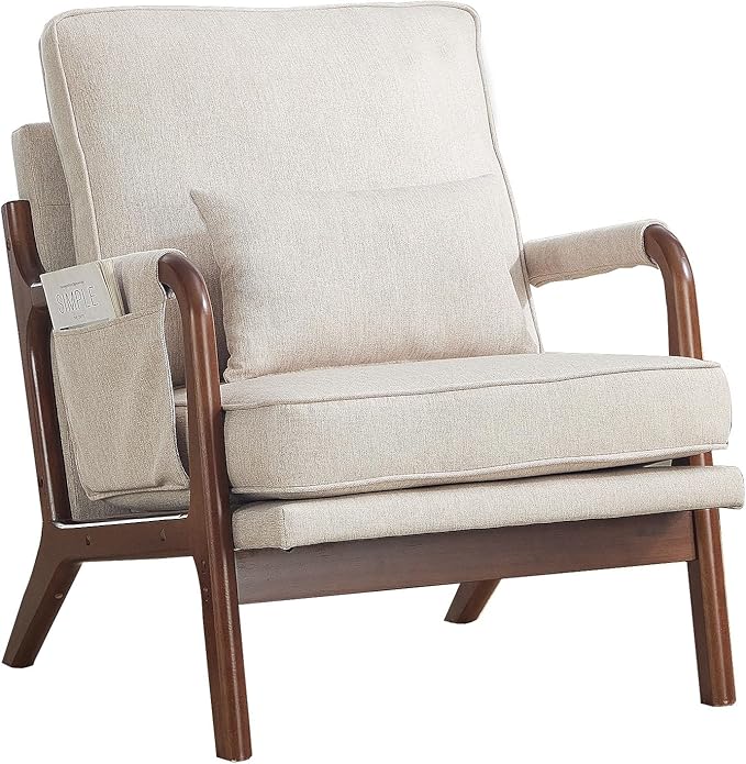 ANJ Mid Century Modern Accent Chair Set of 2, Lounge Reading Armchair with Extra Side Pocket & Detachable Cushion, Comfy Fabric Accent Chairs for Living Room, Bedroom,Beige