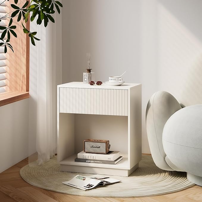 Fluted Nightstands Set of 2, Modern Bedside Table with Drawer and Storage Shelf, Wood End Table Mid Century Night Stands for Bedroom Living Room Sofa Couch Office (White)