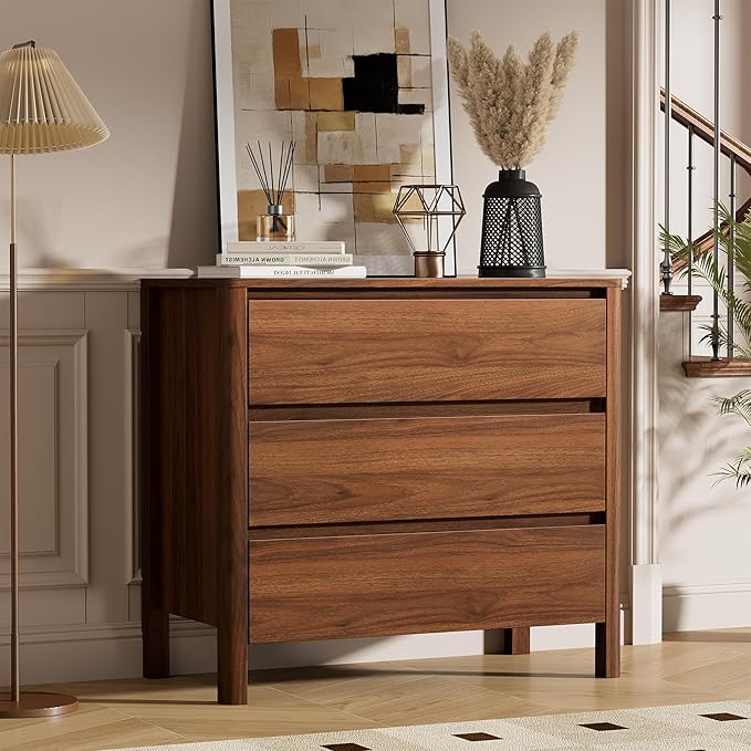 Furniway 31.5" Mid-Century Modern Dresser for Bedroom, 3 Drawer Small Chest of Drawers with Solid Wood Legs, Large Storage Bedroom Dresser, Walnut