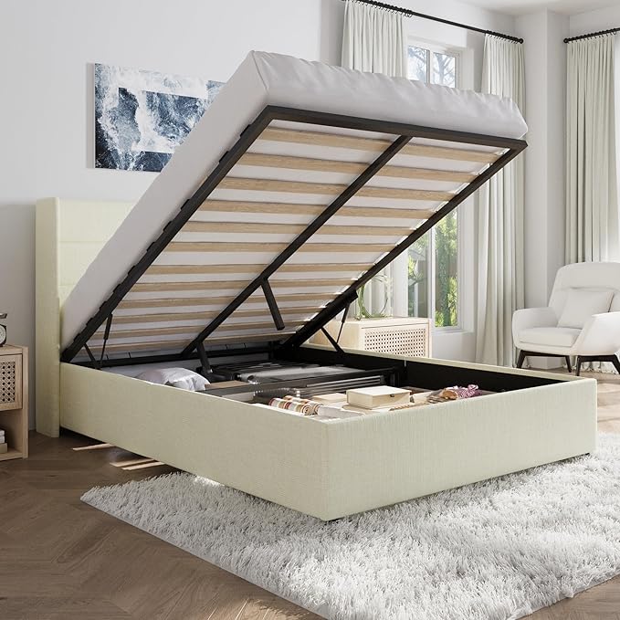 SHA CERLIN Queen Size Lift Up Storage Bed/Chenille Fabric Upholstered/Modern Wingback Headboard/Platform Bed Frame/Hydraulic Storage/No Box Spring Needed/Wood Slats Support/Cream