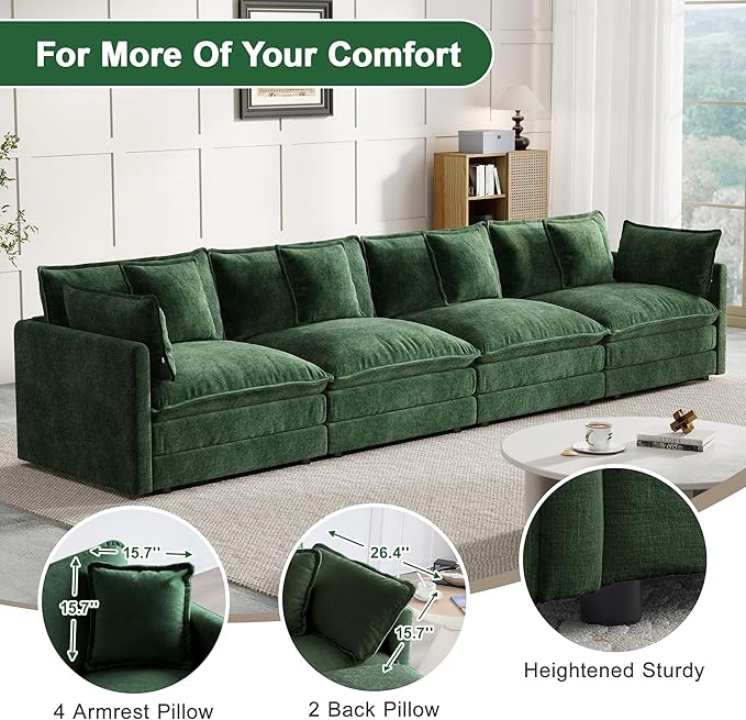Modular Sectional Sofa, 146.5 Inch I-Shaped Cloud Sofa with Deep Seat Chenille Sofa with Cushions, Four Seater Sectional Sofa for Living Room Apartment,Evergreen