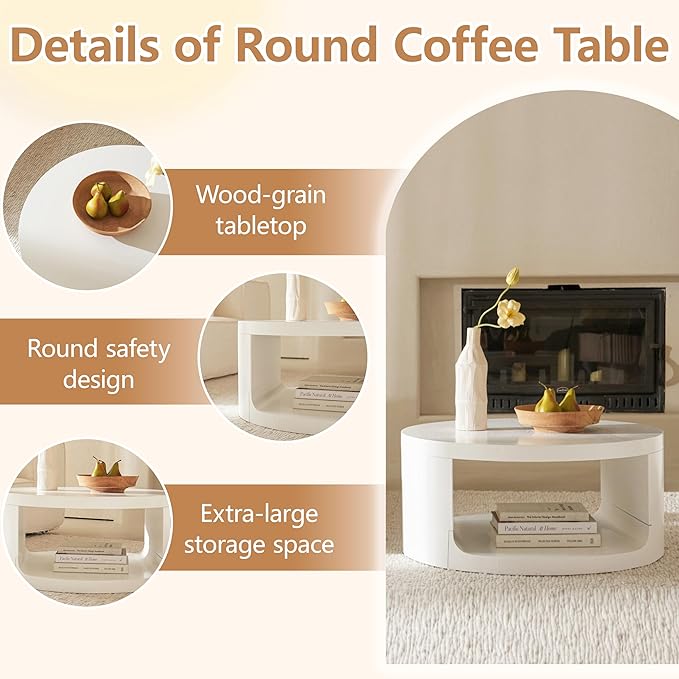 Round Coffee Table with Storage, 31" Modern Living Room Table, 2 Tier Circle Wood Center Tables for Apartment, Living Room, Open-Style Storage White Tea Tables, 31"*14.1" (White)