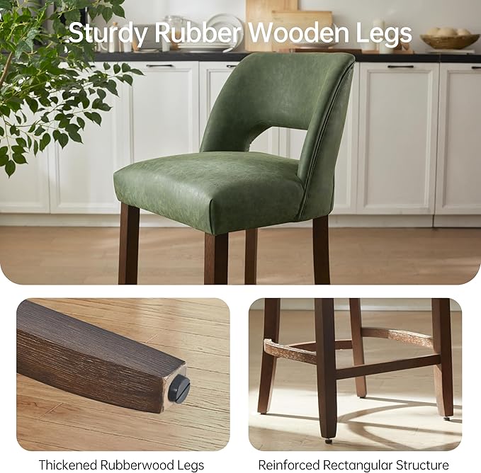 VKNOW 26" Bar Stools Set of 2, Faux Leather Counter Height Bar Stools with Backrest and Rubberwood Legs, Upholstered Barstools for Kitchen Island, Bar and Dining Room, Green