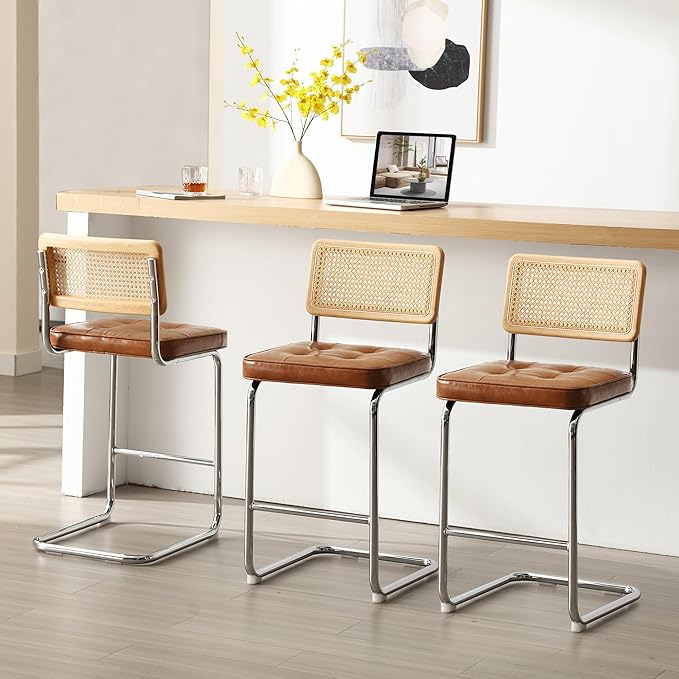 Zesthouse Natural Rattan Counter Stools Set of 3, 26" Mid Century Modern Bar Stools with Solid Wood Frame & Chrome Base, Upholstered Faux Leather Counter Height Barstools for Kitchen Island, Brown