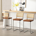 Zesthouse Natural Rattan Counter Stools Set of 3, 26" Mid Century Modern Bar Stools with Solid Wood Frame & Chrome Base, Upholstered Faux Leather Counter Height Barstools for Kitchen Island, Brown