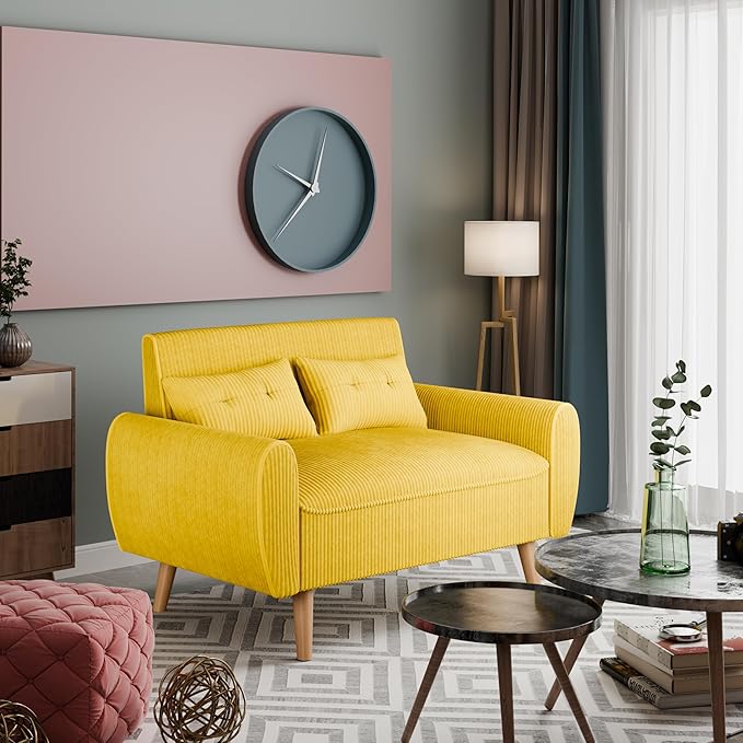 Vongrasig 48" Small Modern Loveseat Sofa, Mid Century Soft Corduroy Fabric 2-Seat Sofa Couch Tufted Love Seat with Back Cushions and Tapered Legs for Living Room, Bedroom and Small Space (Yellow)
