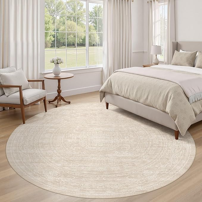 8ft Round Rug Living Room: Washable Large Vintage Neutral Area Rug Non-Slip Soft Stain Resistant Indoor Carpet for Bedroom Nursery Dining Room Under Table Bed Home House Office Playroom - Beige