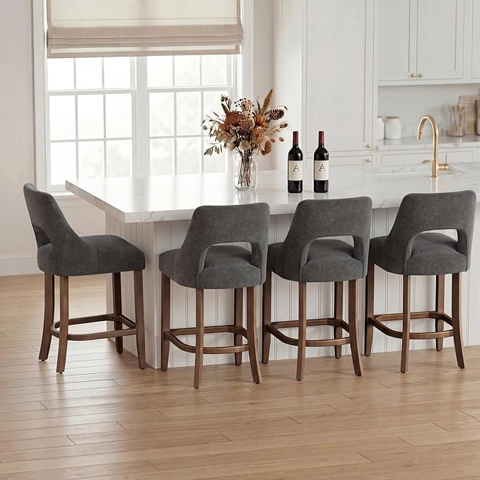 UVV Bar Stools Set of 4, Upholstered Counter Height Bar Stools, Modern Counter Stools with Wood Legs for Kitchen Island Dining Room Bar, Dark Grey