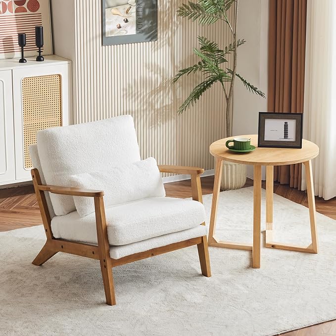 VINGLI Solid Wood Wide Armrests Accent Chair,Upholstered Mid Century Modern Chair with Pillow,Comfy Reading Chair Farmhouse Arm Chair,Chairs Living Room,Bedroom,Guest Room,Teddy Fleece,White