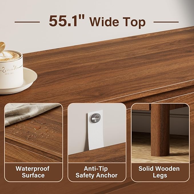 Furniway 55" Mid-Century Modern Dresser for Bedroom, 6 Drawer Wide Chest of Drawers with Solid Wood Legs, Large Storage Bedroom Dresser, Walnut
