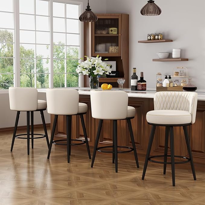 HONIFUR Bar Stools Set of 2, 27 Inch Barstools with Sturdy Legs, Leather Farmhouse Counter Height Bar Stool for Kitchen, Dining, Bar (White, Leather)