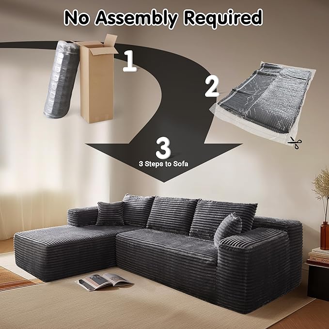 ovios 104" Cloud Boneless Couch with L-Shape Chaise,Modern Sectional Modular Sofa with Deep Seat, Upholstered Couches for Living Room Bedroom,No Assembly Required, Grey (Plush Corduroy Fabric)