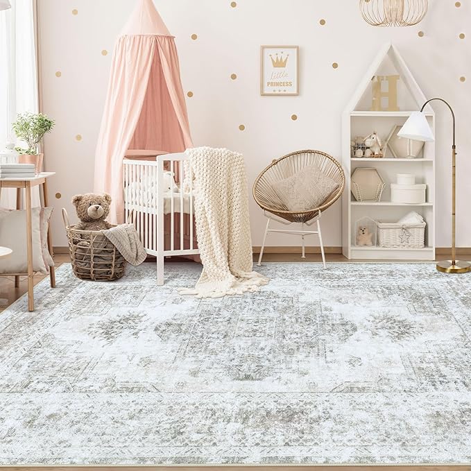 XLUEZ Area Rug 5x7 Living Room Rug, Machine Washable Vintage Distressed Medallion Rug Non-Slip Soft Low Pile Large Indoor Rugs for Bedroom Kitchen Dining Room Office(Taupe,5'x7')