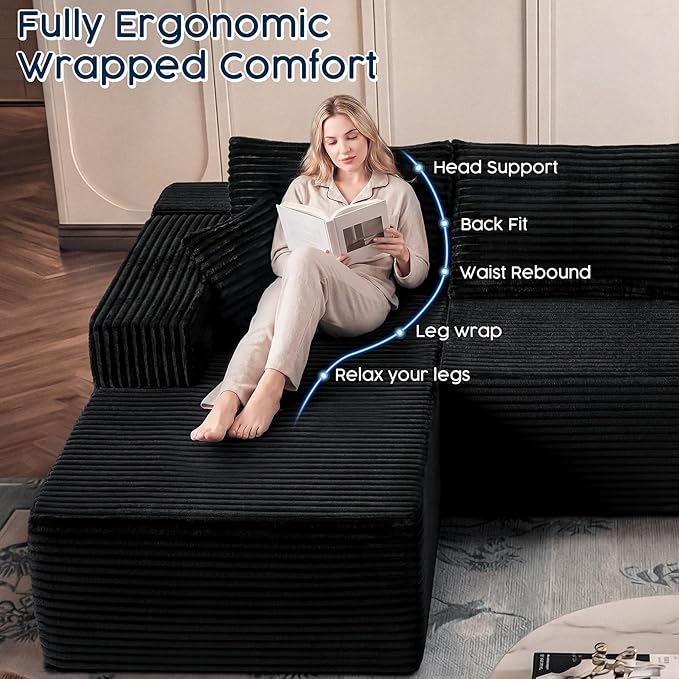 Black Sectional Couch for Living Room - 108" Modular Cloud Sofa with Chaise, Ultra Soft Corduroy L-Shaped Large Couches, Boneless Deep Seat Sectional Couch, No Assembly Required (Right Facing Chaise)