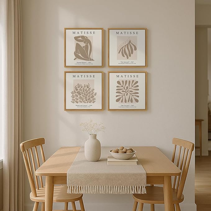 Framed Abstract Wall Art, Set of 4 Piece Modern Beige Canvas Picture Artworks Decor, Matisse Minimalist Neutral Painting Prints for Living Room Bedroom Cabinet and Dining Room