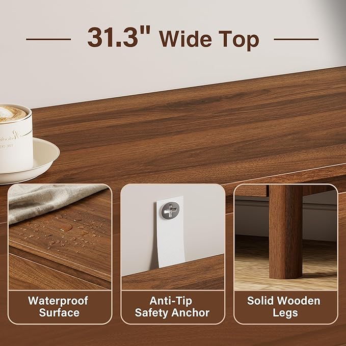Furniway 31.5" Mid-Century Modern Dresser for Bedroom, 3 Drawer Small Chest of Drawers with Solid Wood Legs, Large Storage Bedroom Dresser, Walnut