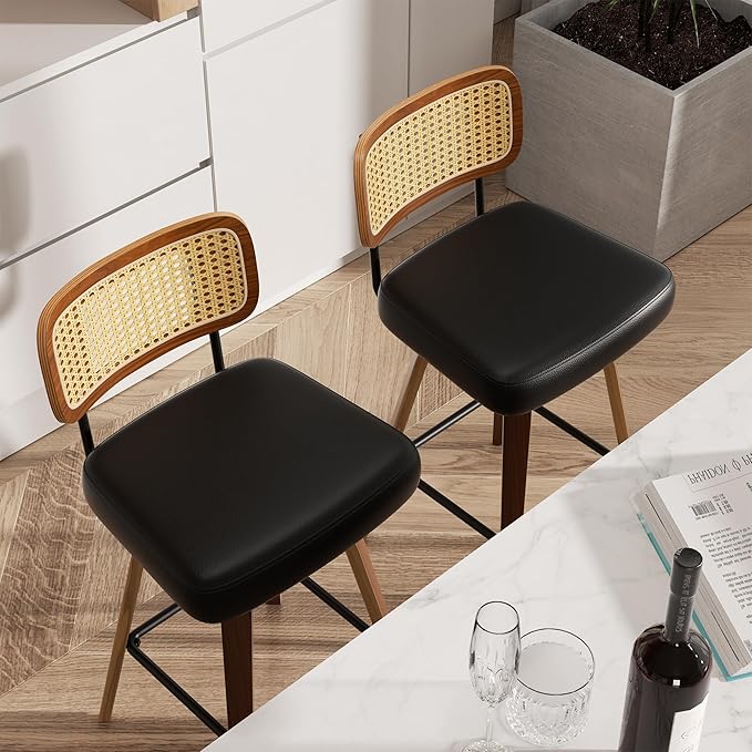 Swivel Bar Stools Set of 1, 26" Upholstered Faux Leather Counter Height Barstools with Rattan Back & Bentwood Legs, Mid Century Modern Bar Chairs Island Stools for Kitchen Counter, Black