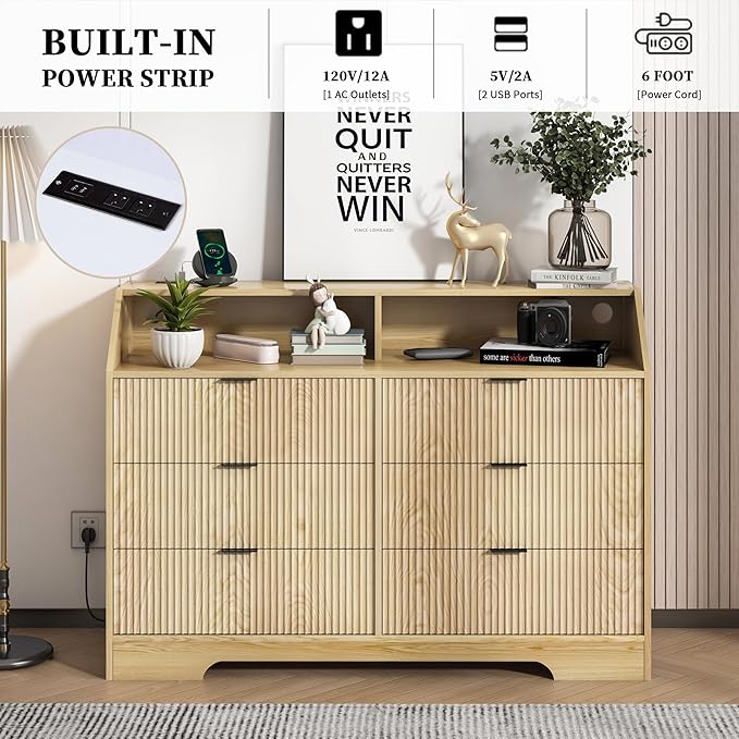 Fluted Dresser for Closet, Boho Bedroom 6 Drawer Dresser TV Stand with Charging Station, Oak Wide Chest of Drawers, Farmhouse Wood Closet Clothes Storage for Living Room, Metal Handle, 47"