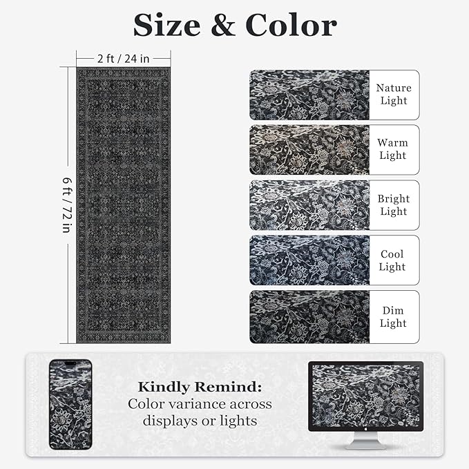 Dark 2x6 Runner Rug for Hallways Entryway, Vintage Earth Tone Kitchen Bathroom Runner 6ft, Non Slip Washable Low Pile Thin Carpet Runner for Mudroom/Laundry Room/Bedroom Bedside, Midnight