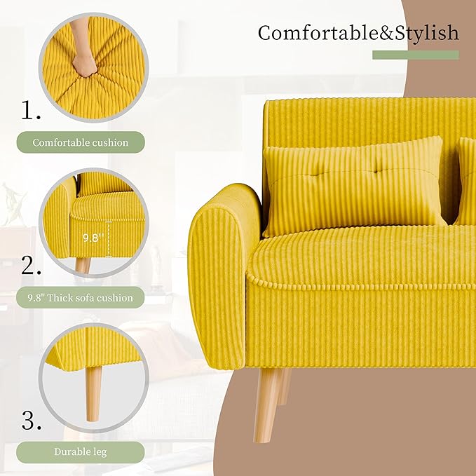 Vongrasig 48" Small Modern Loveseat Sofa, Mid Century Soft Corduroy Fabric 2-Seat Sofa Couch Tufted Love Seat with Back Cushions and Tapered Legs for Living Room, Bedroom and Small Space (Yellow)