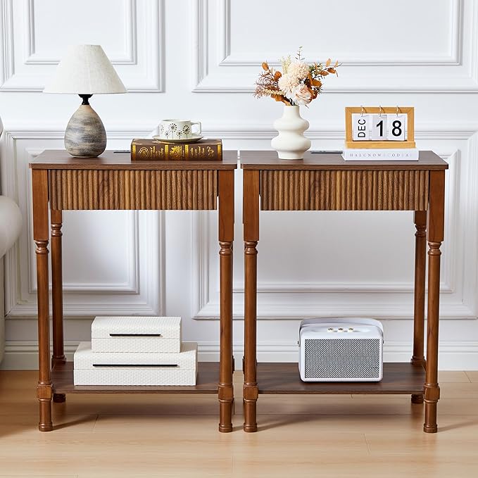 Night Stand Set of 2,Fluted Nightstand with Charging Station, 23.6” Large Bed Side Table End Table with Drawer,Modern Mid Century Wooden Night Stands Bedside for Bedroom Living Room Sofa Office,Walnut